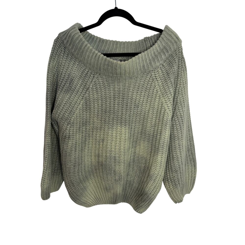 Main Strip Sage Green Off-Shoulder Chunky Knit Sweater Cozy Fall Medium Large